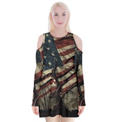 Flag Usa American Flag Velvet Long Sleeve Shoulder Cutout Dress by uniart180623