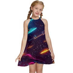 Night Sky Neon Spaceship Drawing Kids  Halter Collar Waist Tie Chiffon Dress by Ravend