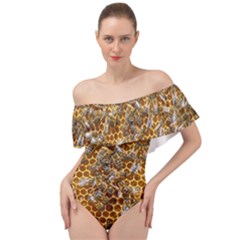 Honey Bee Bees Insect Off Shoulder Velour Bodysuit  by Ravend