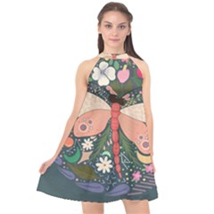 Bug Nature Flower Dragonfly Halter Neckline Chiffon Dress  by Ravend