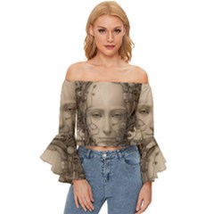 Cyborg Robot Future Drawing Poster Off Shoulder Flutter Bell Sleeve Top by Ravend