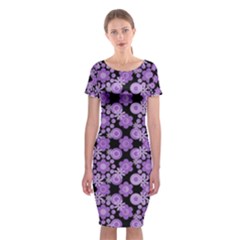 Bitesize Flowers Pearls And Donuts Lilac Black Classic Short Sleeve Midi Dress by Mazipoodles