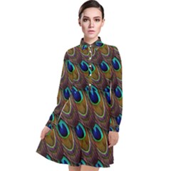 Peacock-feathers-bird-plumage Long Sleeve Chiffon Shirt Dress by Ravend