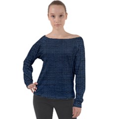 Digital Dark Blue Linen Off Shoulder Long Sleeve Velour Top by ConteMonfrey