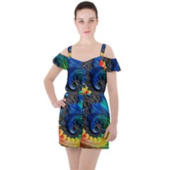 Colorful Digital Art Fractal Design Ruffle Cut Out Chiffon Playsuit by uniart180623