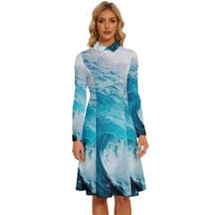 Tsunami Big Blue Wave Ocean Waves Water Long Sleeve Shirt Collar A-line Dress by uniart180623