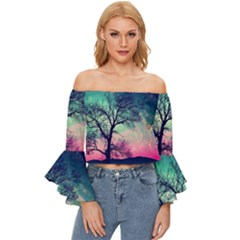 Tree Abstract Field Galaxy Night Nature Off Shoulder Flutter Bell Sleeve Top by uniart180623