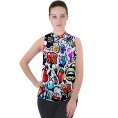 Graffiti Art Cartoon Comic Mock Neck Chiffon Sleeveless Top by uniart180623