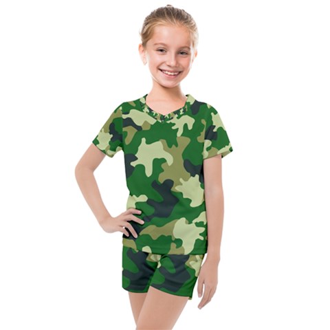 Green Military Background Camouflage Kids  Mesh Tee And Shorts Set by uniart180623