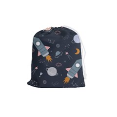 Space Background Illustration With Stars And Rocket Seamless Vector Pattern Drawstring Pouch (medium) by uniart180623