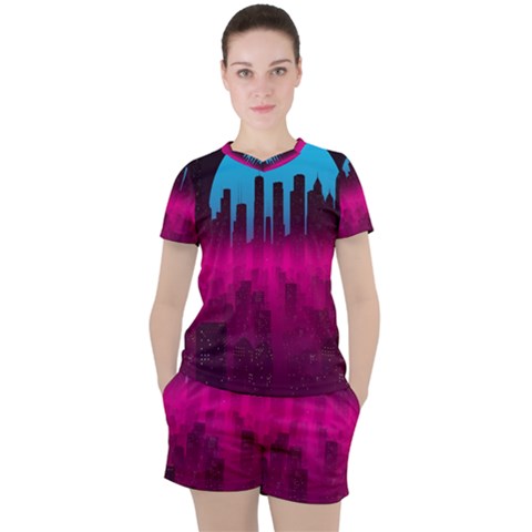 Futuristic Cityscape Women s Tee And Shorts Set by uniart180623