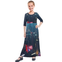 Cityscape Digital Art Kids  Quarter Sleeve Maxi Dress by uniart180623