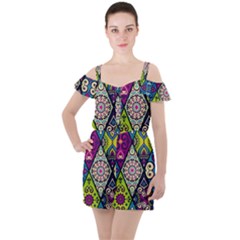 Ethnic Pattern Abstract Ruffle Cut Out Chiffon Playsuit by uniart180623