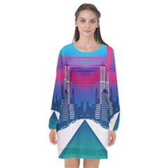 Retro Cityscape Artist Artwork Digital Art Long Sleeve Chiffon Shift Dress  by uniart180623