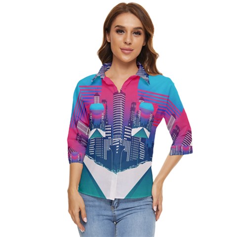 Retro Cityscape Artist Artwork Digital Art Women s Quarter Sleeve Pocket Shirt by uniart180623