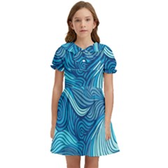 Ocean Waves Sea Abstract Pattern Water Blue Kids  Bow Tie Puff Sleeve Dress by Simbadda