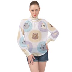 Cute Cat Seamless Pattern Background High Neck Long Sleeve Chiffon Top by Simbadda