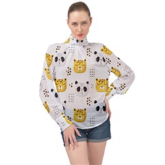 Seamless Pattern Cute Animals High Neck Long Sleeve Chiffon Top by Simbadda