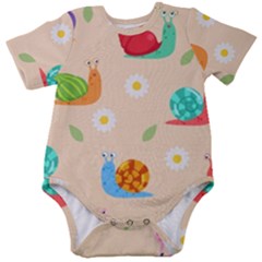 Seamless Pattern Cute Snail With Flower Leaf Baby Short Sleeve Bodysuit by Simbadda