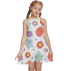 Easter Seamless Pattern With Cute Eggs Flowers Kids  Halter Collar Waist Tie Chiffon Dress by Simbadda