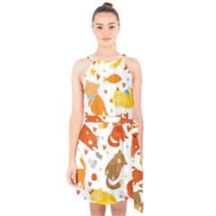 Seamless Pattern With Kittens White Background Halter Collar Waist Tie Chiffon Dress by Simbadda