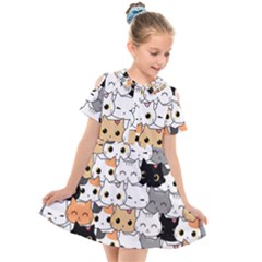 Cute Cat Kitten Cartoon Doodle Seamless Pattern Kids  Short Sleeve Shirt Dress by Simbadda