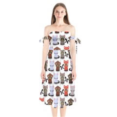 Seamless Pattern With Cute Little Kittens Various Color Shoulder Tie Bardot Midi Dress by Simbadda