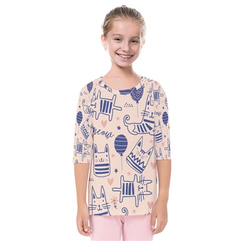 Cute Cats Doodle Seamless Pattern With Funny Characters Kids  Quarter Sleeve Raglan Tee by Simbadda