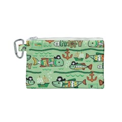 Seamless Pattern Fishes Pirates Cartoon Canvas Cosmetic Bag (small) by Simbadda