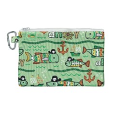 Seamless Pattern Fishes Pirates Cartoon Canvas Cosmetic Bag (large) by Simbadda