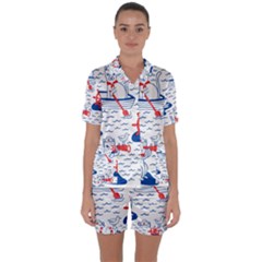 Nautical Cats Seamless Pattern Satin Short Sleeve Pajamas Set by Simbadda