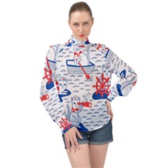 Nautical Cats Seamless Pattern High Neck Long Sleeve Chiffon Top by Simbadda