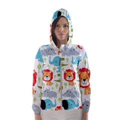 Seamless Pattern Vector With Animals Cartoon Women s Hooded Windbreaker by Simbadda