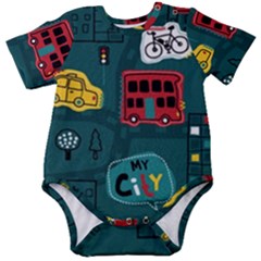 Seamless Pattern Hand Drawn With Vehicles Buildings Road Baby Short Sleeve Bodysuit by Simbadda