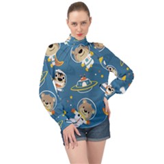 Seamless-pattern-funny-astronaut-outer-space-transportation High Neck Long Sleeve Chiffon Top by Simbadda