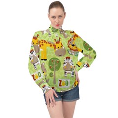 Funny Animals Cartoon High Neck Long Sleeve Chiffon Top by Simbadda