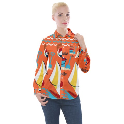 Seamless Pattern Vector Beach Holiday Theme Set Women s Long Sleeve Pocket Shirt by Simbadda