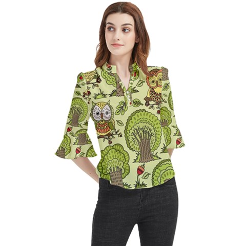 Seamless Pattern With Trees Owls Loose Horn Sleeve Chiffon Blouse by Simbadda