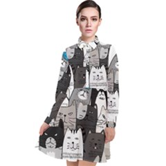 Cute Cat Hand Drawn Cartoon Style Long Sleeve Chiffon Shirt Dress by Simbadda