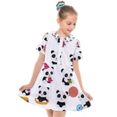 Playing Panda Cartoon Kids  Short Sleeve Shirt Dress by Simbadda