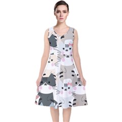 Cute Cat Couple Seamless Pattern Cartoon V-neck Midi Sleeveless Dress  by Simbadda