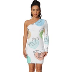 Cartoon-bird-cute-doodle-bird Long Sleeve One Shoulder Mini Dress by Simbadda