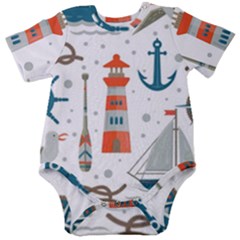 Nautical-elements-pattern-background Baby Short Sleeve Bodysuit by Simbadda