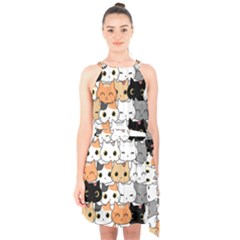 Cute-cat-kitten-cartoon-doodle-seamless-pattern Halter Collar Waist Tie Chiffon Dress by Simbadda