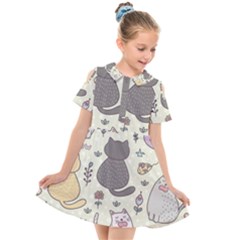 Funny Cartoon Cat Seamless Pattern Kids  Short Sleeve Shirt Dress by Simbadda