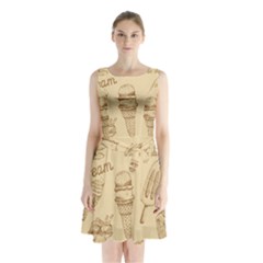 Ice-cream-vintage-pattern Sleeveless Waist Tie Chiffon Dress by Simbadda