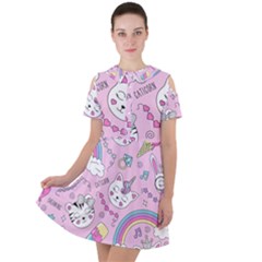 Beautiful-cute-animals-pattern-pink Short Sleeve Shoulder Cut Out Dress  by Simbadda