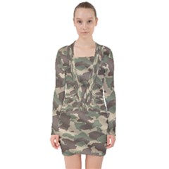 Camouflage Design V-neck Bodycon Long Sleeve Dress by Excel