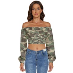 Camouflage Design Long Sleeve Crinkled Weave Crop Top by Excel