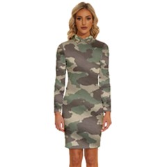 Camouflage Design Long Sleeve Shirt Collar Bodycon Dress by Excel